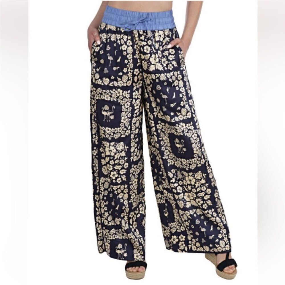 Scotch & Soda Women's Navy and Cream Patterned Wide-Leg Pants, S